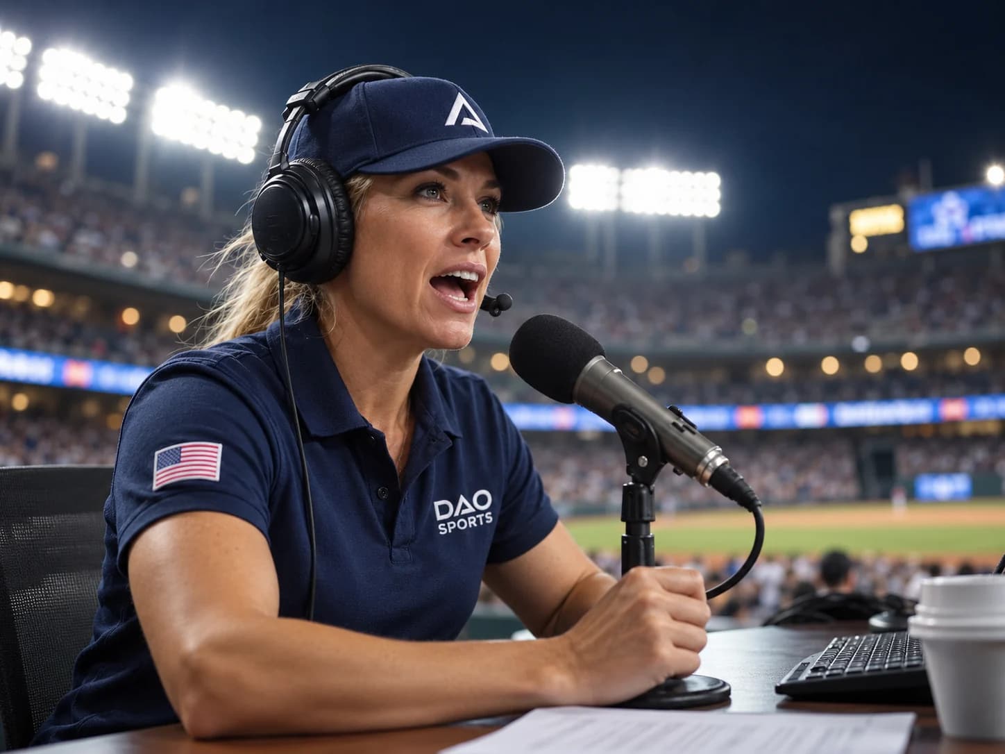 A DAO Sports broadcaster in a navy cap and headset calls a night game into a microphone from the press box, a packed stadium under the lights behind her.