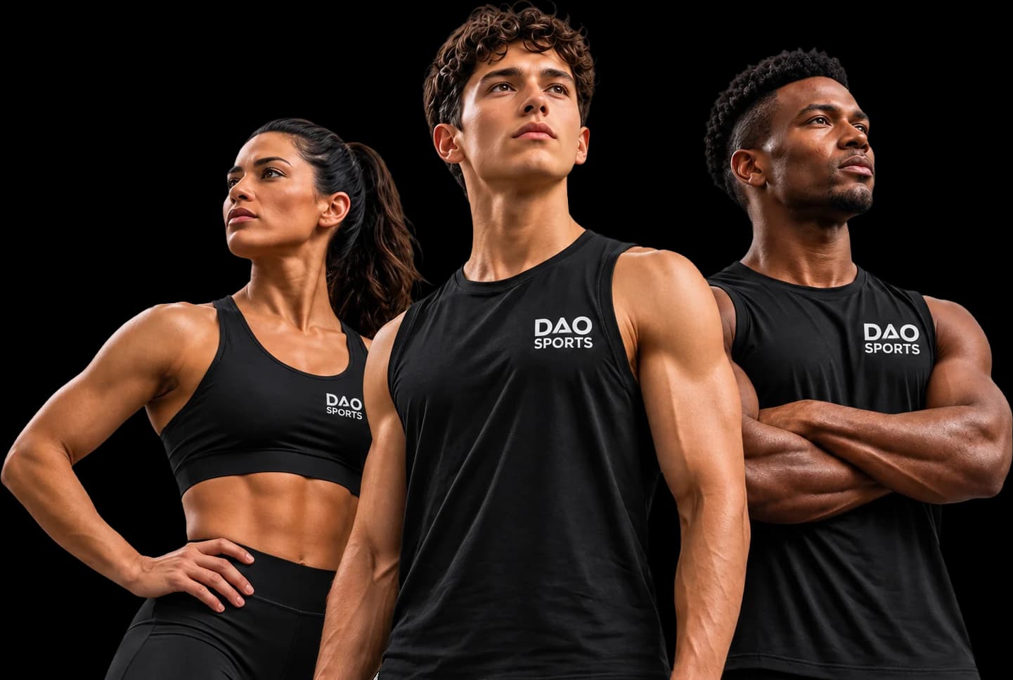 Three DAO Sports athletes, one from each division, standing together