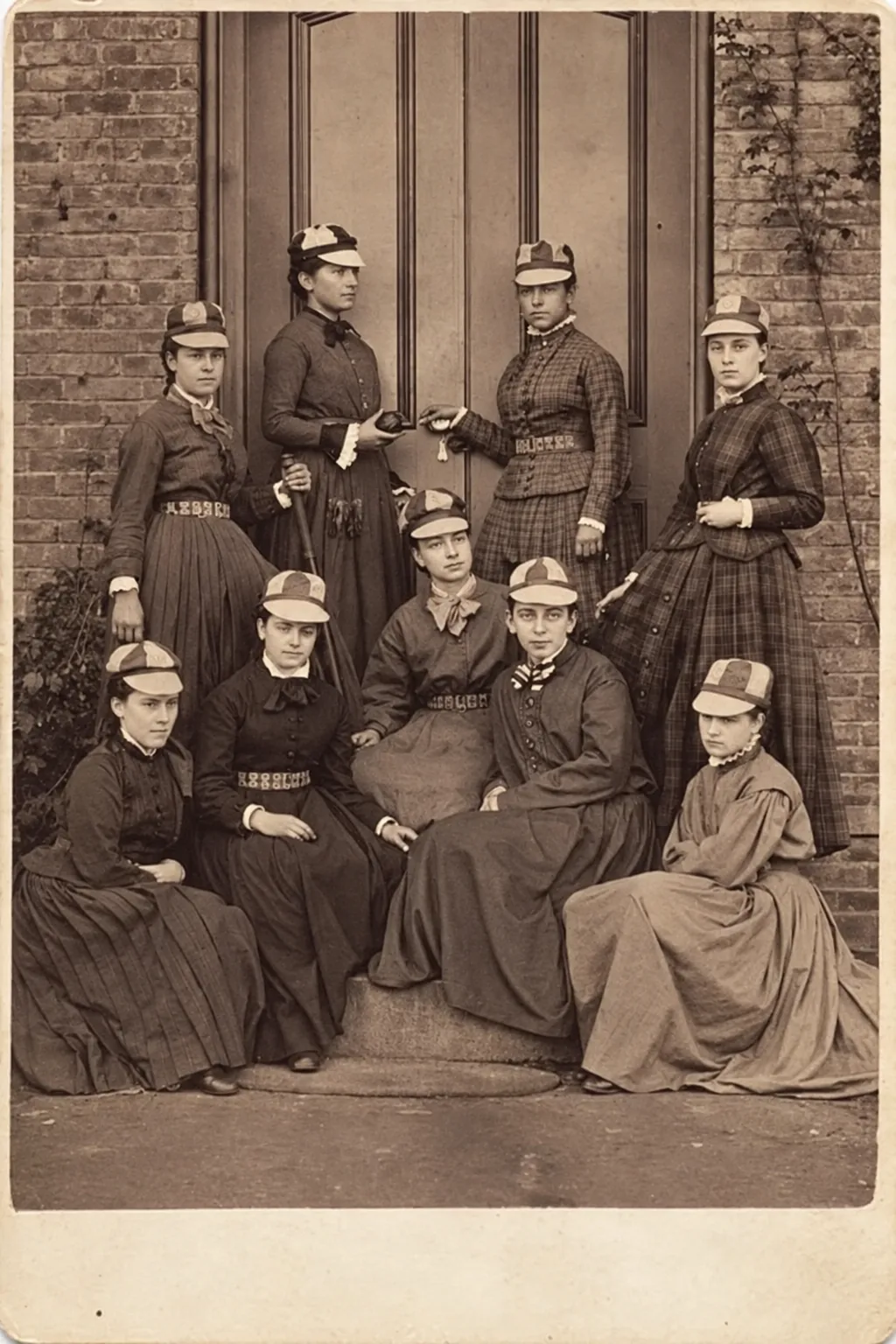 Nine women students of the Vassar College Resolutes baseball team in 1876, wearing striped caps, long dresses and belts labeled Resolutes, posed before a brick building’s double doors.