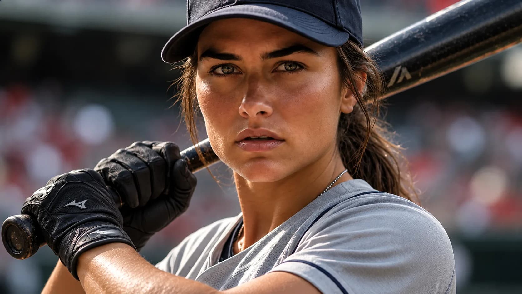A women’s baseball player in a navy cap and batting gloves holds her bat on her shoulder, looking straight ahead.